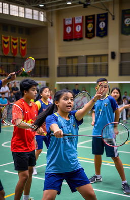 A dynamic and emotional scene depicting a badminton training session where young athletes are showcasing their skills on the court, emphasizing teamwork and camaraderie