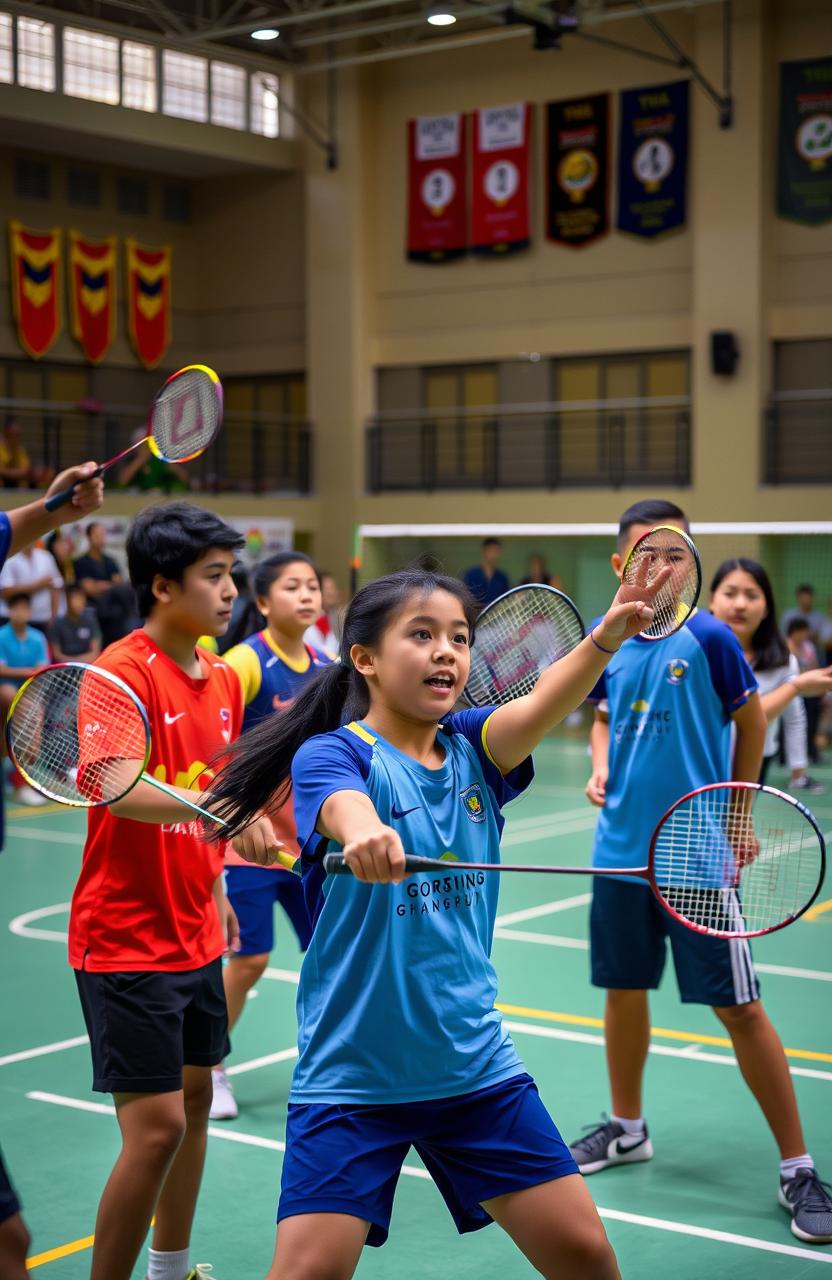 A dynamic and emotional scene depicting a badminton training session where young athletes are showcasing their skills on the court, emphasizing teamwork and camaraderie