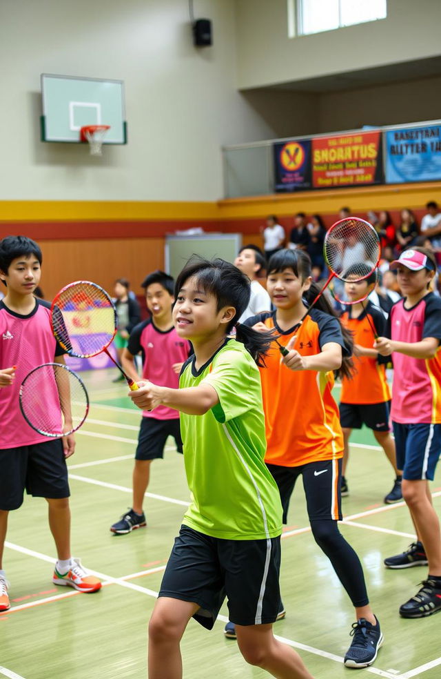 A dynamic and emotional scene depicting a badminton training session where young athletes are showcasing their skills on the court, emphasizing teamwork and camaraderie