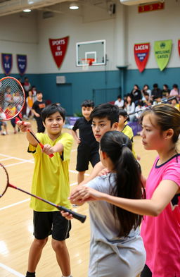 A dynamic and emotional scene depicting a badminton training session where young athletes are showcasing their skills on the court, emphasizing teamwork and camaraderie