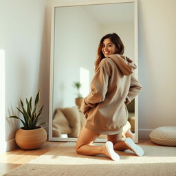 A young woman in a cozy hoodie, kneeling in front of a large mirror, playfully raising her hips