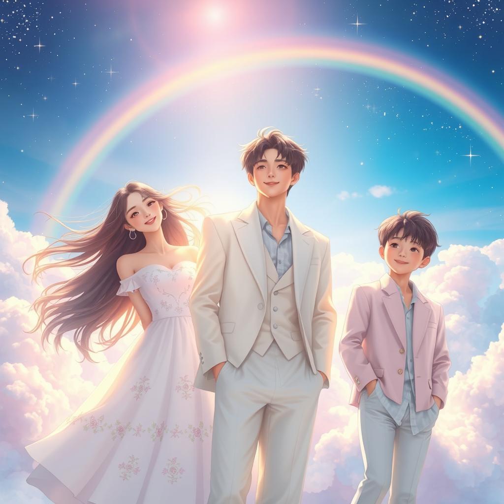 A vibrant and ethereal scene depicting Suli, Jonghyun, and Moonbin in a heavenly setting filled with fluffy clouds, soft rays of sunlight filtering through, and a serene atmosphere