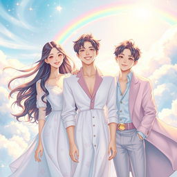 A vibrant and ethereal scene depicting Suli, Jonghyun, and Moonbin in a heavenly setting filled with fluffy clouds, soft rays of sunlight filtering through, and a serene atmosphere