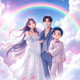 A vibrant and ethereal scene depicting Suli, Jonghyun, and Moonbin in a heavenly setting filled with fluffy clouds, soft rays of sunlight filtering through, and a serene atmosphere