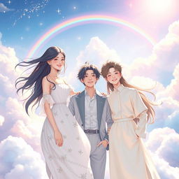 A vibrant and ethereal scene depicting Suli, Jonghyun, and Moonbin in a heavenly setting filled with fluffy clouds, soft rays of sunlight filtering through, and a serene atmosphere