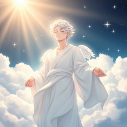 A serene and ethereal depiction of Moonbin from Astro in a heavenly realm, surrounded by soft clouds and soft, radiant light