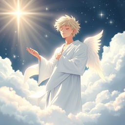 A serene and ethereal depiction of Moonbin from Astro in a heavenly realm, surrounded by soft clouds and soft, radiant light