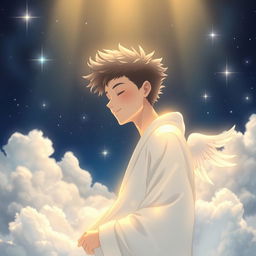 A serene and ethereal depiction of Moonbin from Astro in a heavenly realm, surrounded by soft clouds and soft, radiant light
