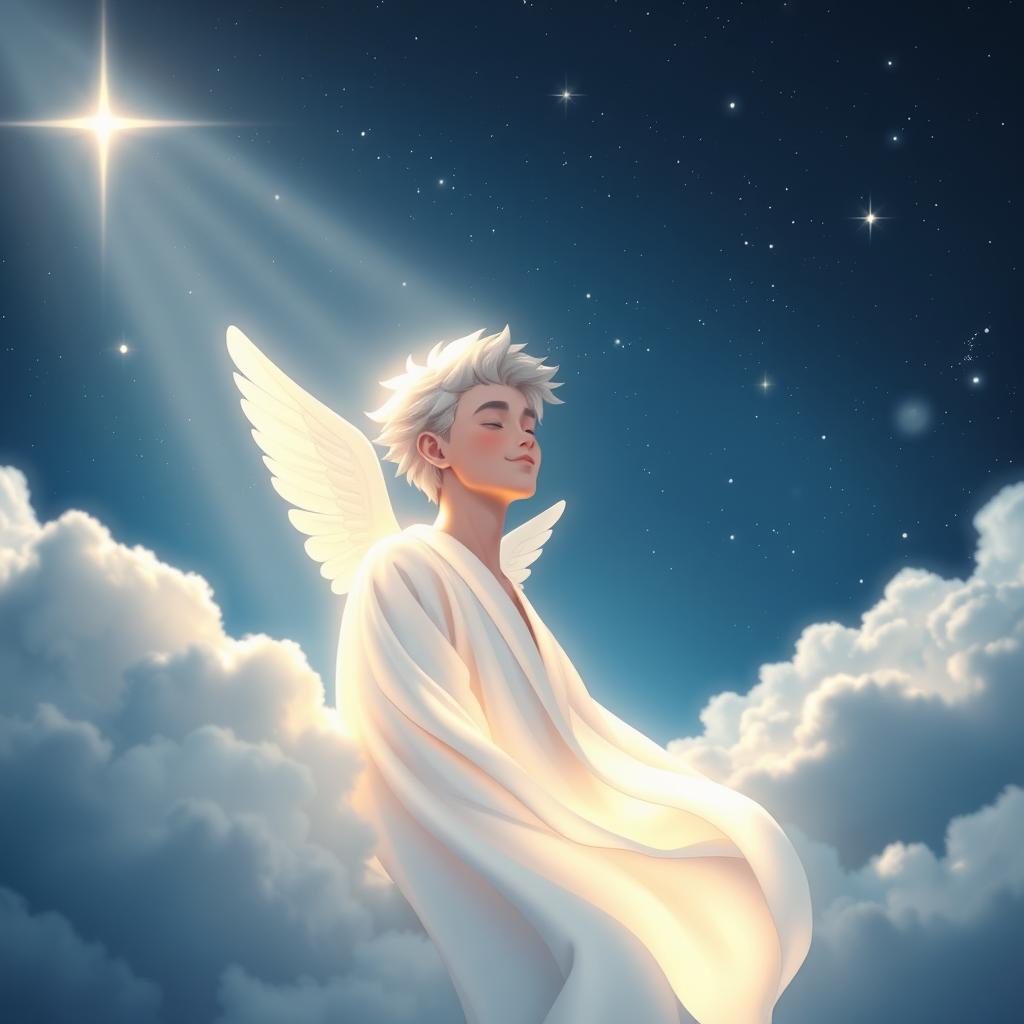 A serene and ethereal depiction of Moonbin from Astro in a heavenly realm, surrounded by soft clouds and soft, radiant light