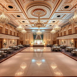 An elegant and luxurious wedding hall measuring 24 meters wide, 16 meters long, and 5 meters high, featuring intricate interior design and color combinations inspired by the most luxurious halls of 2024