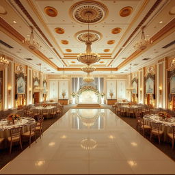 An elegant and luxurious wedding hall measuring 24 meters wide, 16 meters long, and 5 meters high, featuring intricate interior design and color combinations inspired by the most luxurious halls of 2024