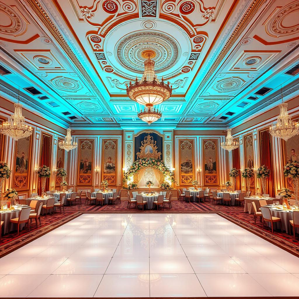 An elegant and luxurious wedding hall measuring 24 meters wide, 16 meters long, and 5 meters high, featuring intricate interior design and color combinations inspired by the most luxurious halls of 2024