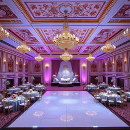 An elegant and luxurious wedding hall measuring 24 meters wide, 16 meters long, and 5 meters high, featuring intricate interior design and color combinations inspired by the most luxurious halls of 2024