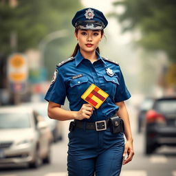 A vivid image of a female police traffic officer resembling Wendy Guevara, dressed in a blue traffic police uniform