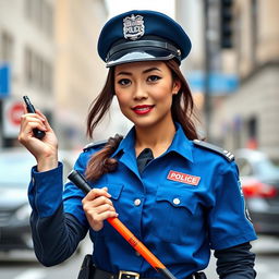 A vivid image of a female police traffic officer resembling Wendy Guevara, dressed in a blue traffic police uniform