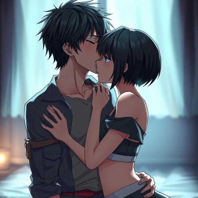 Eren Yeager and Mikasa Ackerman sharing a passionate kiss, situated in a softly lit, intimate environment