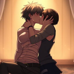 Eren Yeager and Mikasa Ackerman sharing a passionate kiss, situated in a softly lit, intimate environment