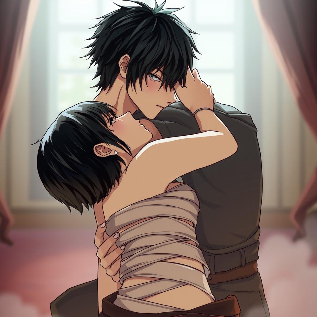 Eren Yeager and Mikasa Ackerman sharing a passionate kiss, situated in a softly lit, intimate environment