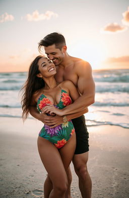 A romantic scene set on the stunning beaches of Miami, featuring a beautiful woman in a vibrant surf suit embracing a muscular man with black hair, who is shirtless