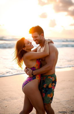 A romantic scene set on the stunning beaches of Miami, featuring a beautiful woman in a vibrant surf suit embracing a muscular man with black hair, who is shirtless