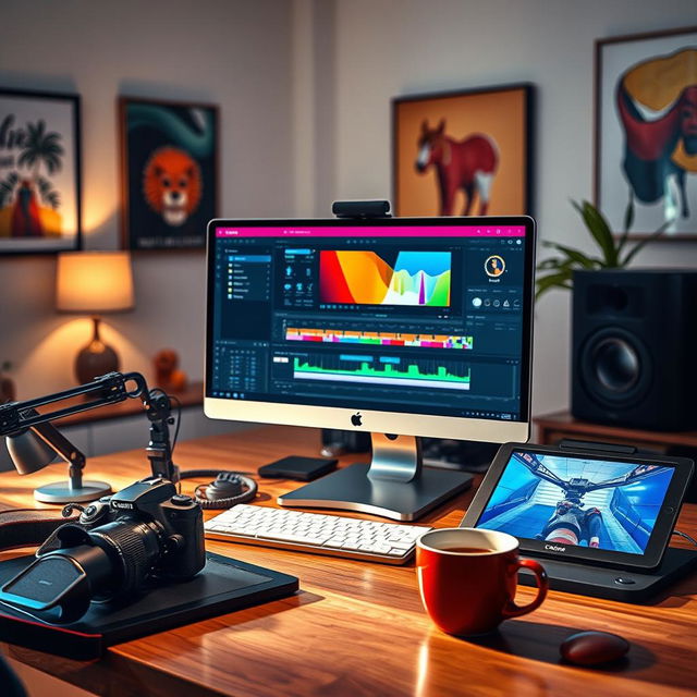 A vibrant and abstract representation of a photo editing workspace, featuring a sleek computer screen displaying colorful editing software with various sliders and tools visible