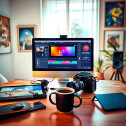 A vibrant and abstract representation of a photo editing workspace, featuring a sleek computer screen displaying colorful editing software with various sliders and tools visible
