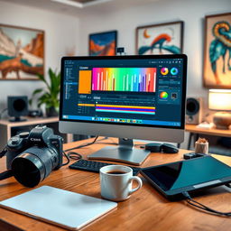 A vibrant and abstract representation of a photo editing workspace, featuring a sleek computer screen displaying colorful editing software with various sliders and tools visible
