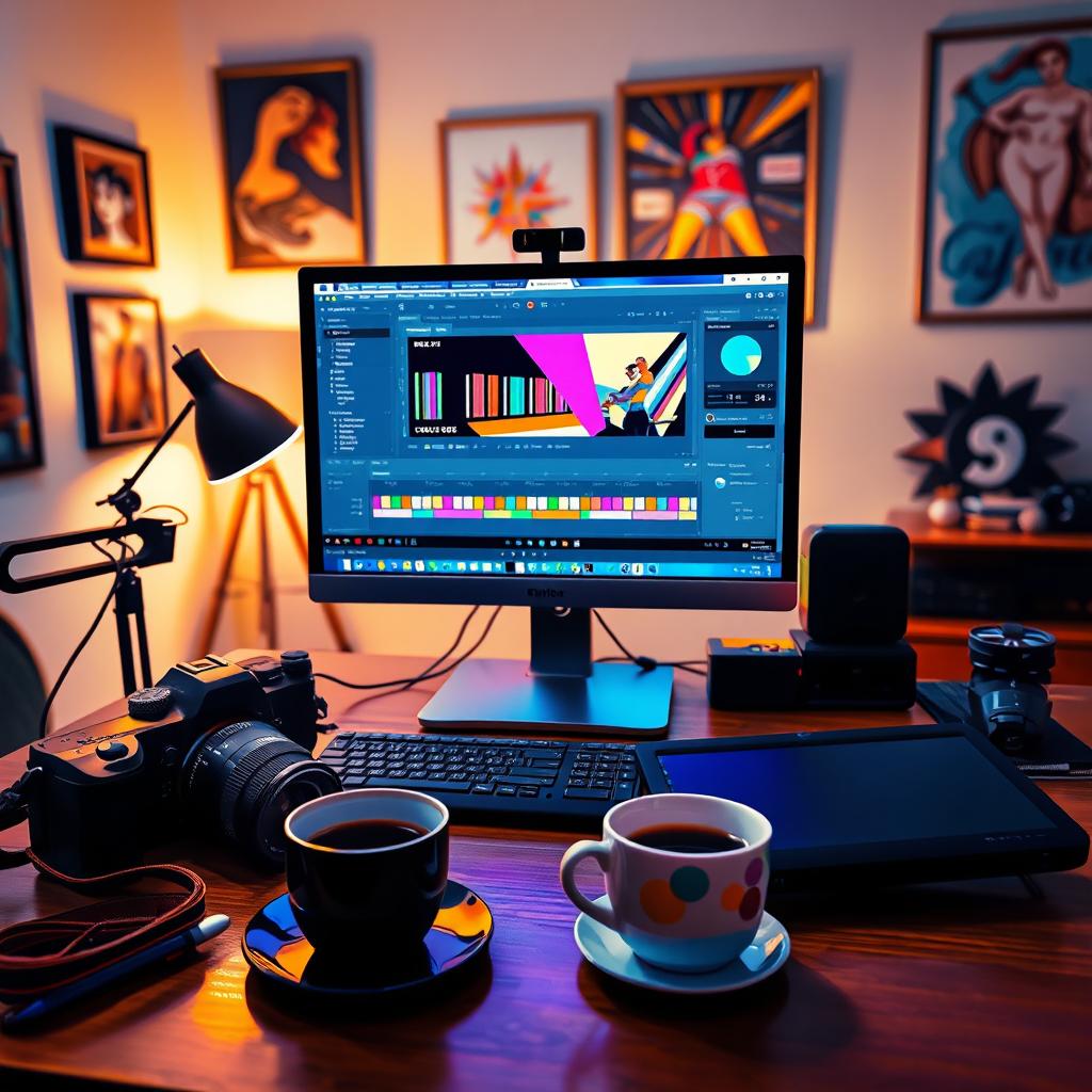 A vibrant and abstract representation of a photo editing workspace, featuring a sleek computer screen displaying colorful editing software with various sliders and tools visible