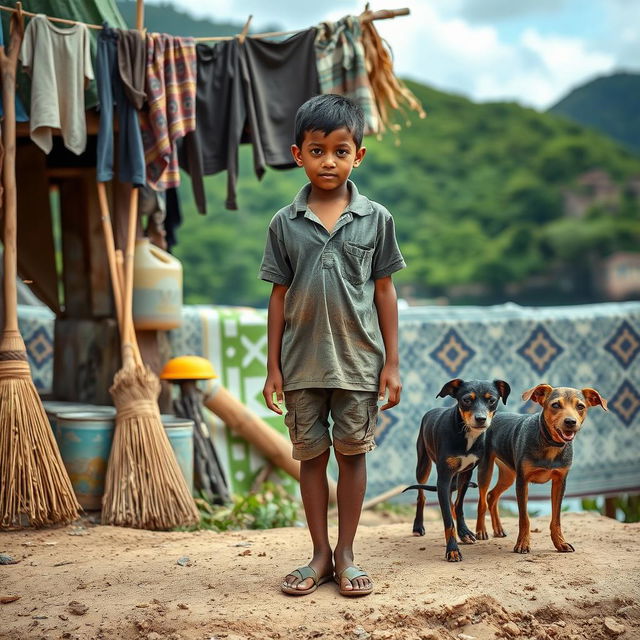 A picturesque scene of the Peruvian coast and jungle, featuring a young boy wearing a tattered polo shirt and earthy sandals