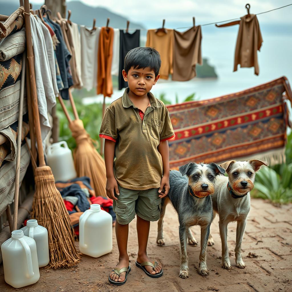 A picturesque scene of the Peruvian coast and jungle, featuring a young boy wearing a tattered polo shirt and earthy sandals