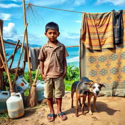 A picturesque scene of the Peruvian coast and jungle, featuring a young boy wearing a tattered polo shirt and earthy sandals