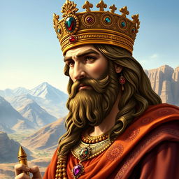A detailed portrait of Cyrus the Great, showcasing his regal features and majestic attire