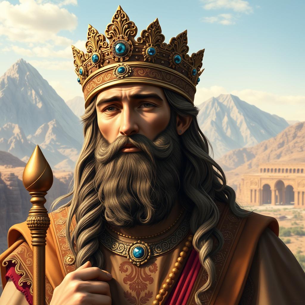 A detailed portrait of Cyrus the Great, showcasing his regal features and majestic attire