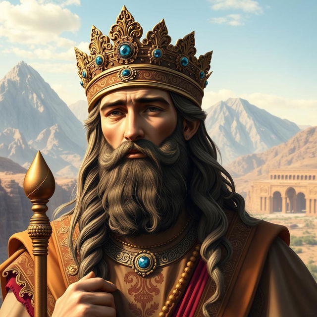 A detailed portrait of Cyrus the Great, showcasing his regal features and majestic attire