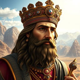 A detailed portrait of Cyrus the Great, showcasing his regal features and majestic attire