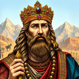 A detailed portrait of Cyrus the Great, showcasing his regal features and majestic attire