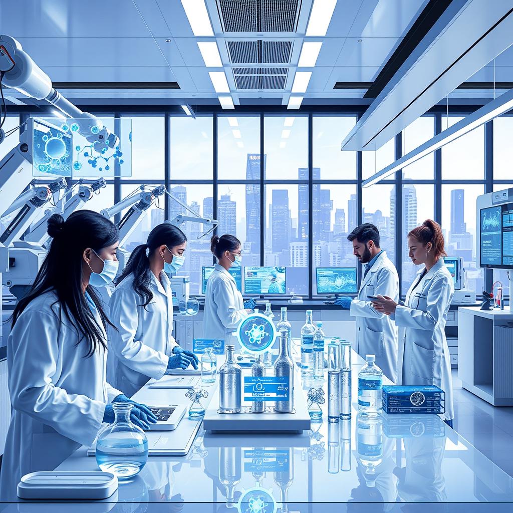 A futuristic laboratory scene depicting the advancements in chemical engineering