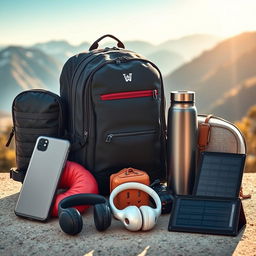 A detailed arrangement of various travel gear gadgets, including a compact travel backpack with multiple compartments, a portable power bank, a universal travel adapter, a lightweight travel pillow, a collapsible water bottle, a wireless noise-canceling headset, and a foldable solar charger