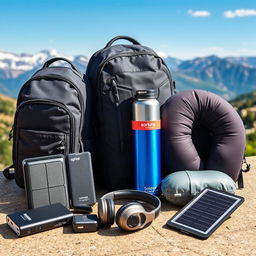 A detailed arrangement of various travel gear gadgets, including a compact travel backpack with multiple compartments, a portable power bank, a universal travel adapter, a lightweight travel pillow, a collapsible water bottle, a wireless noise-canceling headset, and a foldable solar charger