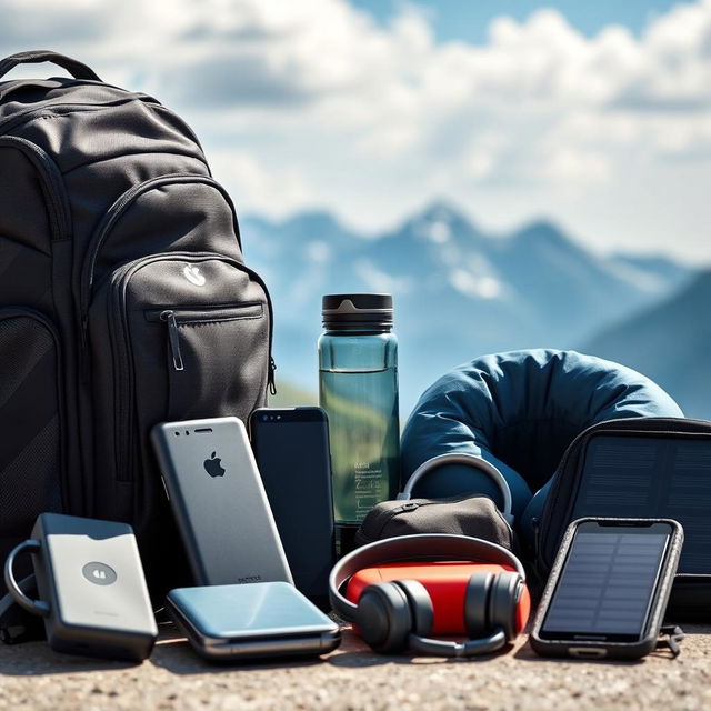 A detailed arrangement of various travel gear gadgets, including a compact travel backpack with multiple compartments, a portable power bank, a universal travel adapter, a lightweight travel pillow, a collapsible water bottle, a wireless noise-canceling headset, and a foldable solar charger