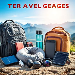 A detailed arrangement of various travel gear gadgets, including a compact travel backpack with multiple compartments, a portable power bank, a universal travel adapter, a lightweight travel pillow, a collapsible water bottle, a wireless noise-canceling headset, and a foldable solar charger