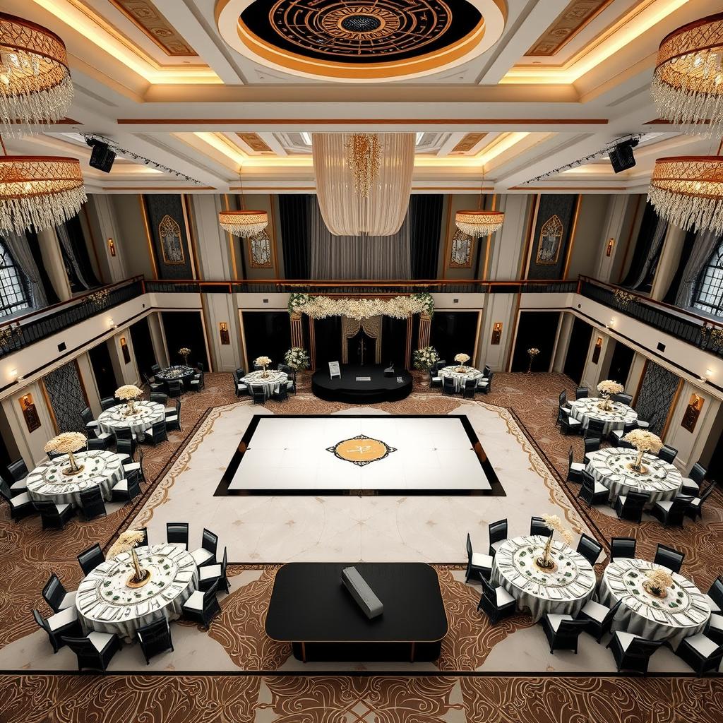 An elegantly designed wedding hall with luxurious interior decoration, dimensions 24 meters in width, 16 meters in length, and a height of 5 meters