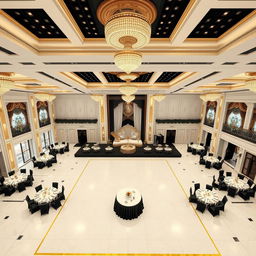 An elegantly designed wedding hall with luxurious interior decoration, dimensions 24 meters in width, 16 meters in length, and a height of 5 meters