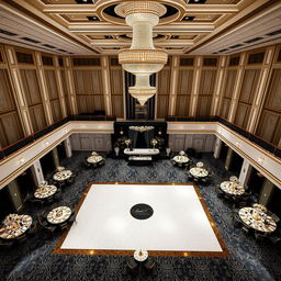 An elegantly designed wedding hall with luxurious interior decoration, dimensions 24 meters in width, 16 meters in length, and a height of 5 meters