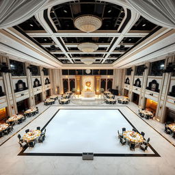 An elegantly designed wedding hall with luxurious interior decoration, dimensions 24 meters in width, 16 meters in length, and a height of 5 meters