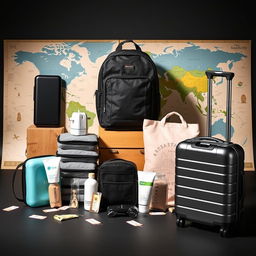 A collection of innovative travel gear gadgets including a compact portable charger, a foldable travel backpack, a mini water purifier, a universal travel adapter, lightweight packing cubes, a travel-sized skincare kit, and a smart suitcase with built-in charging ports