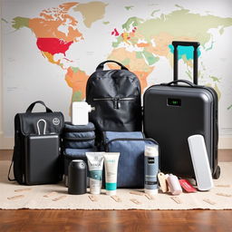 A collection of innovative travel gear gadgets including a compact portable charger, a foldable travel backpack, a mini water purifier, a universal travel adapter, lightweight packing cubes, a travel-sized skincare kit, and a smart suitcase with built-in charging ports