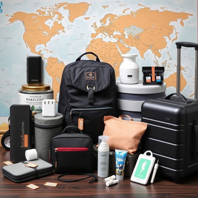 A collection of innovative travel gear gadgets including a compact portable charger, a foldable travel backpack, a mini water purifier, a universal travel adapter, lightweight packing cubes, a travel-sized skincare kit, and a smart suitcase with built-in charging ports