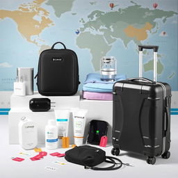 A collection of innovative travel gear gadgets including a compact portable charger, a foldable travel backpack, a mini water purifier, a universal travel adapter, lightweight packing cubes, a travel-sized skincare kit, and a smart suitcase with built-in charging ports