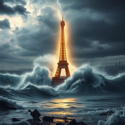 A dramatic scene depicting the Eiffel Tower in the midst of a massive tsunami